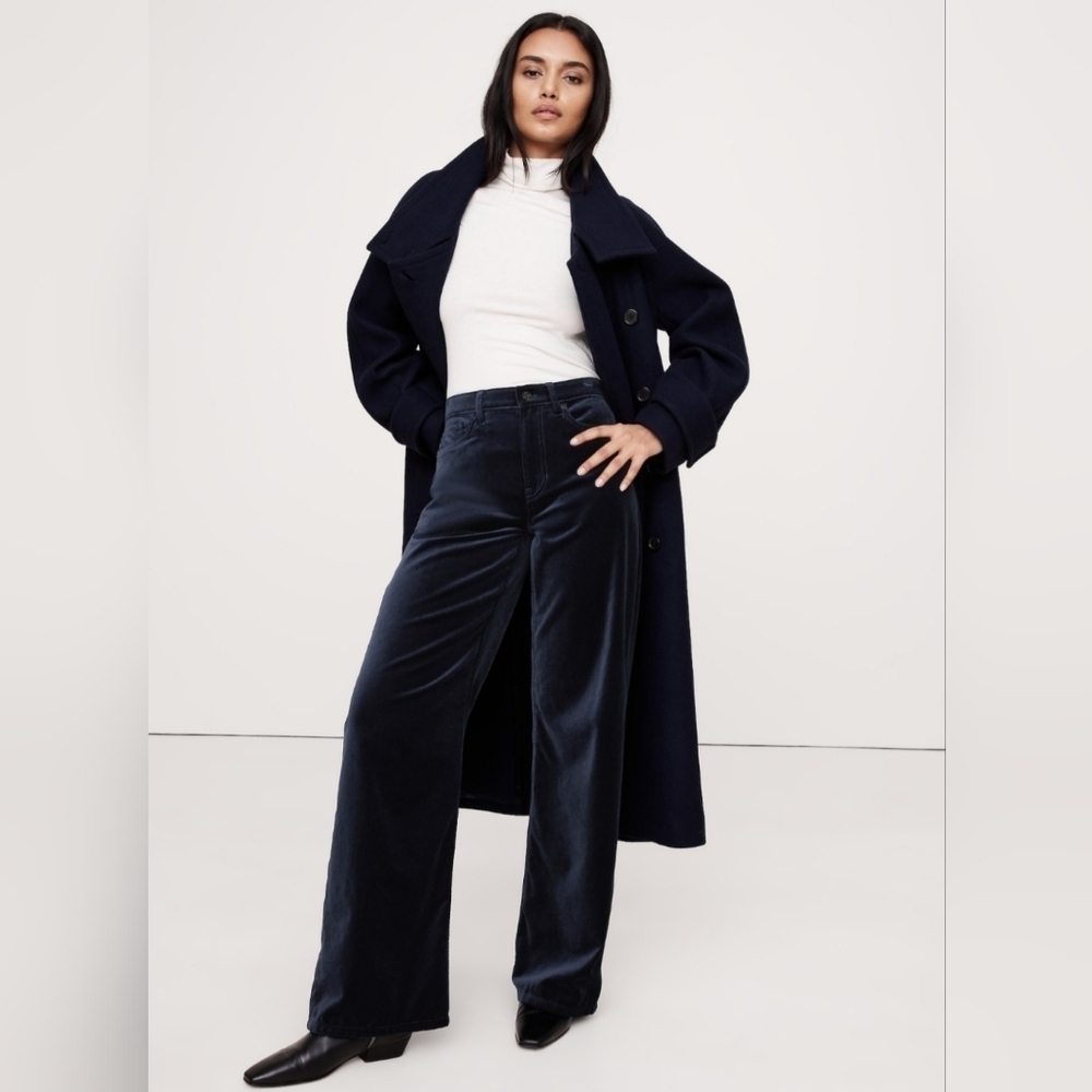 Banana Republic Icon Classic Wide Leg Velvet Pants Navy Blue 24 PETITE NWT $130